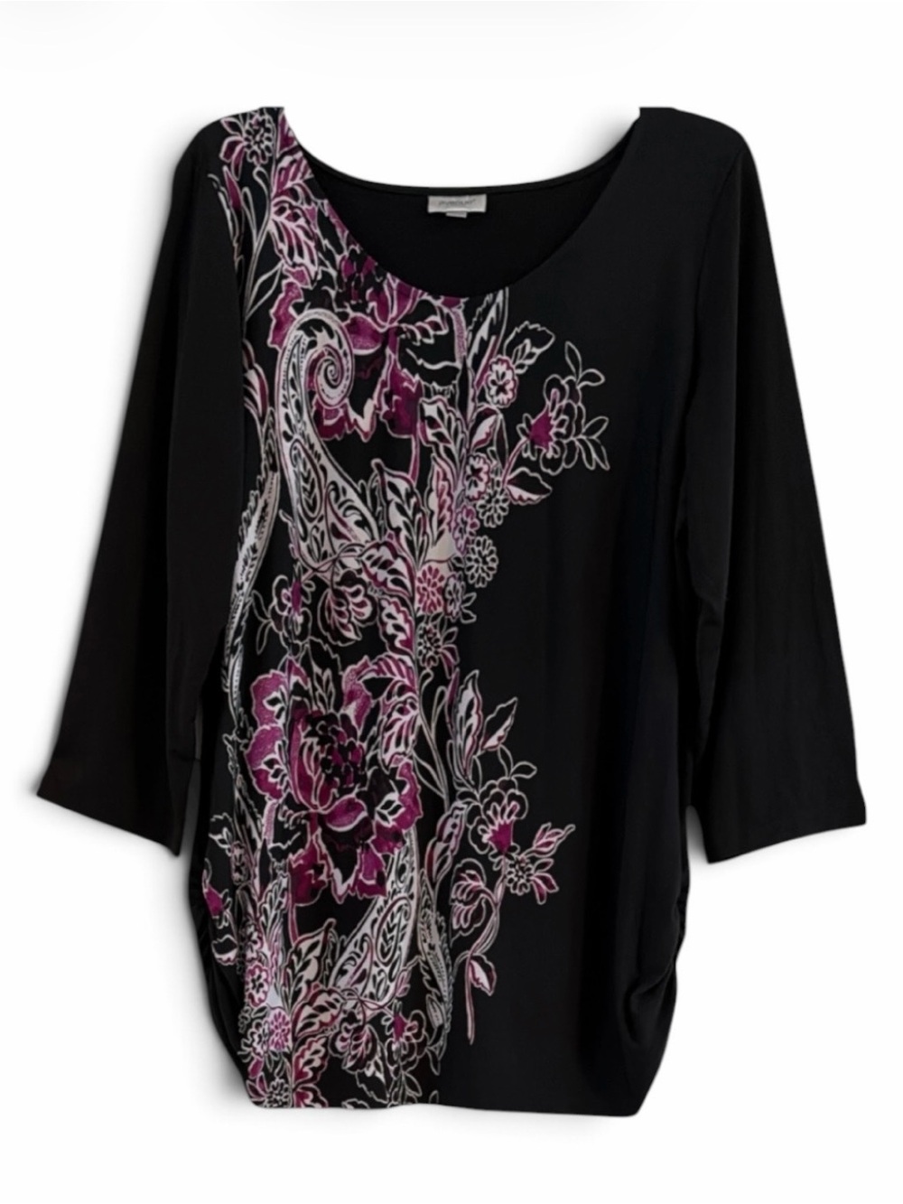 Avenue Black Pink Floral Paisley Ruched Sides Stretch Blouse Size 14/16